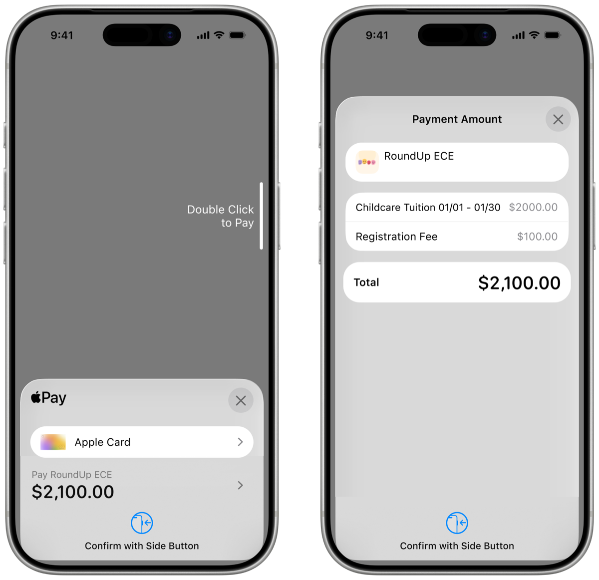 Apple Pay sheet showing $2,100 with line items